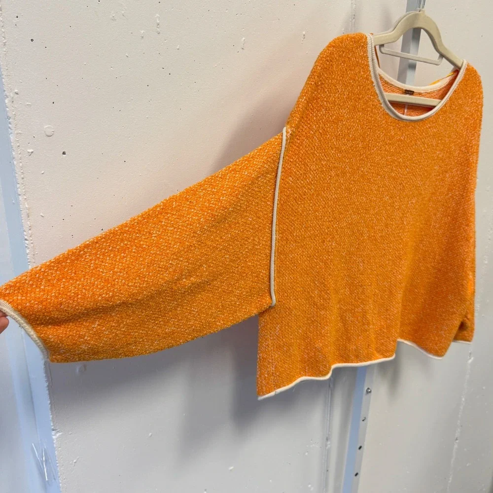 Free People Bardot Cropped Orange Textured Knit Boat Neck Long Sleeve Sweater XS